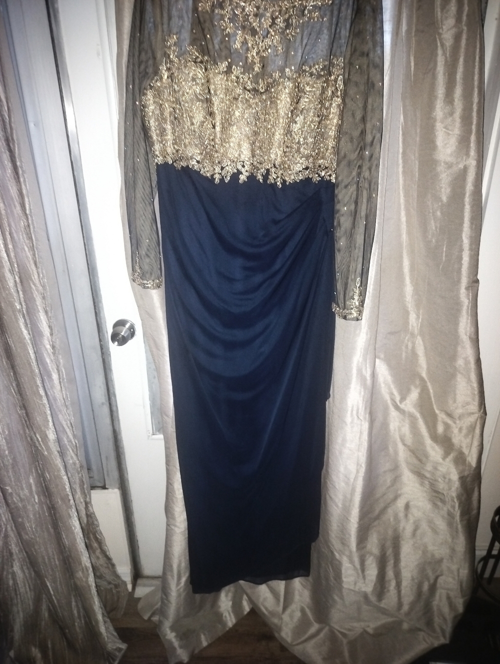 Long Navy Evening Dress with Gold Embellished Bodice